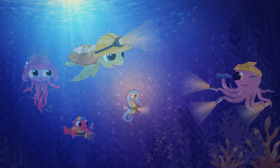 Illustration: the Bubble Buddies Bay in a dark sea